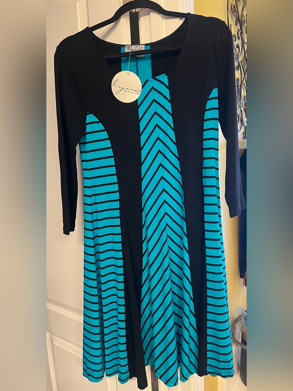 Women's Black and Teal Striped Long-Sleeve Fit & Flare Dress